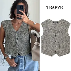 TRAF ZR Women's Vest V-neck Short Sweaters Vests Knitwear Y2k Vintage Cardigan Crop Knit Cardigans Outerwears Tops Waistcoat