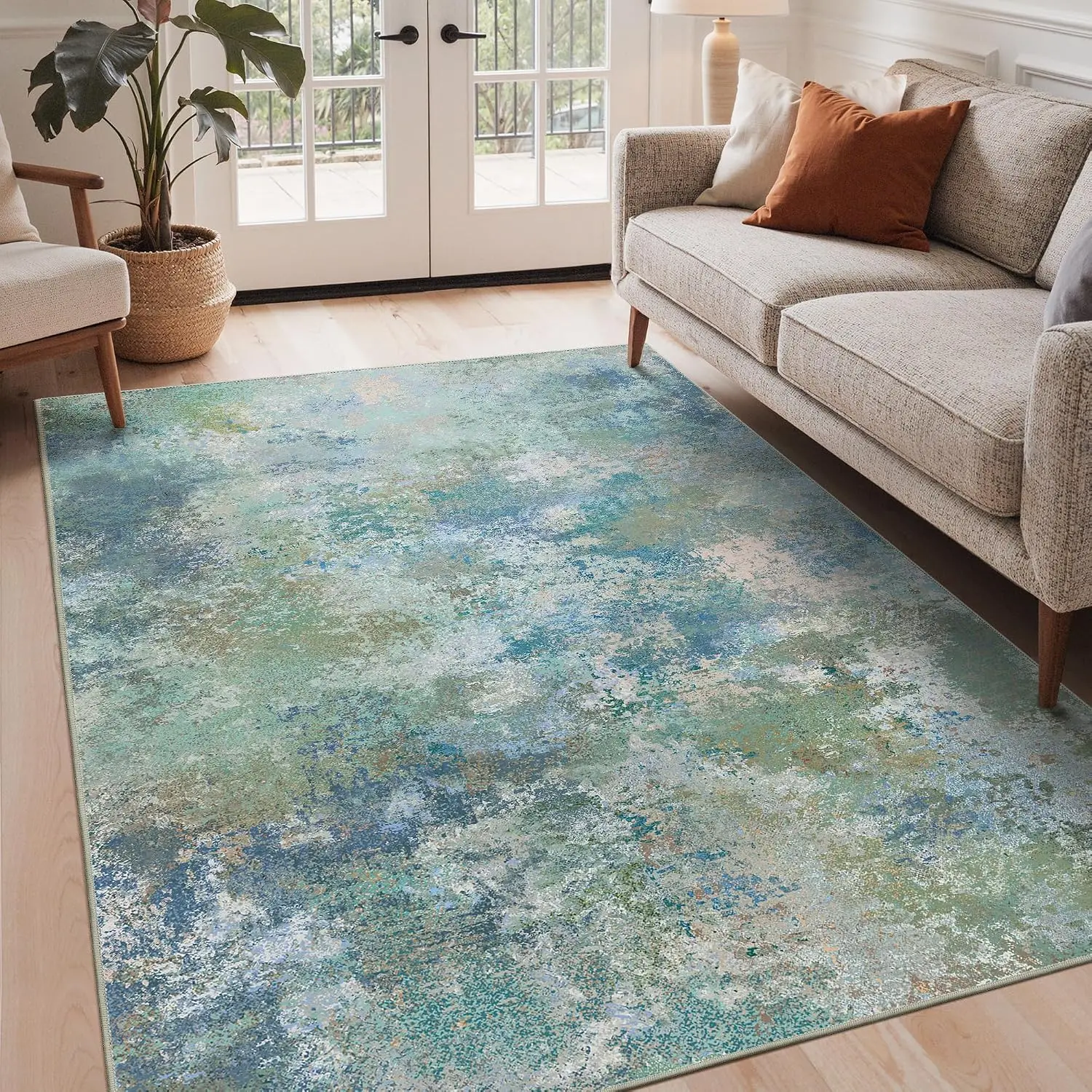 Modern Abstract Area Rug Blue Green Artistic Geometric Pattern Low Pile Floor Covering for Living Room Bedroom Dining Room