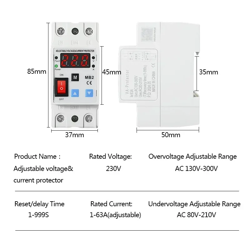 AC Adjustable Single Digital Display Voltmeter Circuit Breaker 220v 40A Over/Under Voltage Protector Overload Protective Device