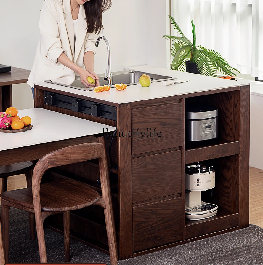 Black Walnut Solid Wood Kitchen Island Dining Table Integrated Retractable