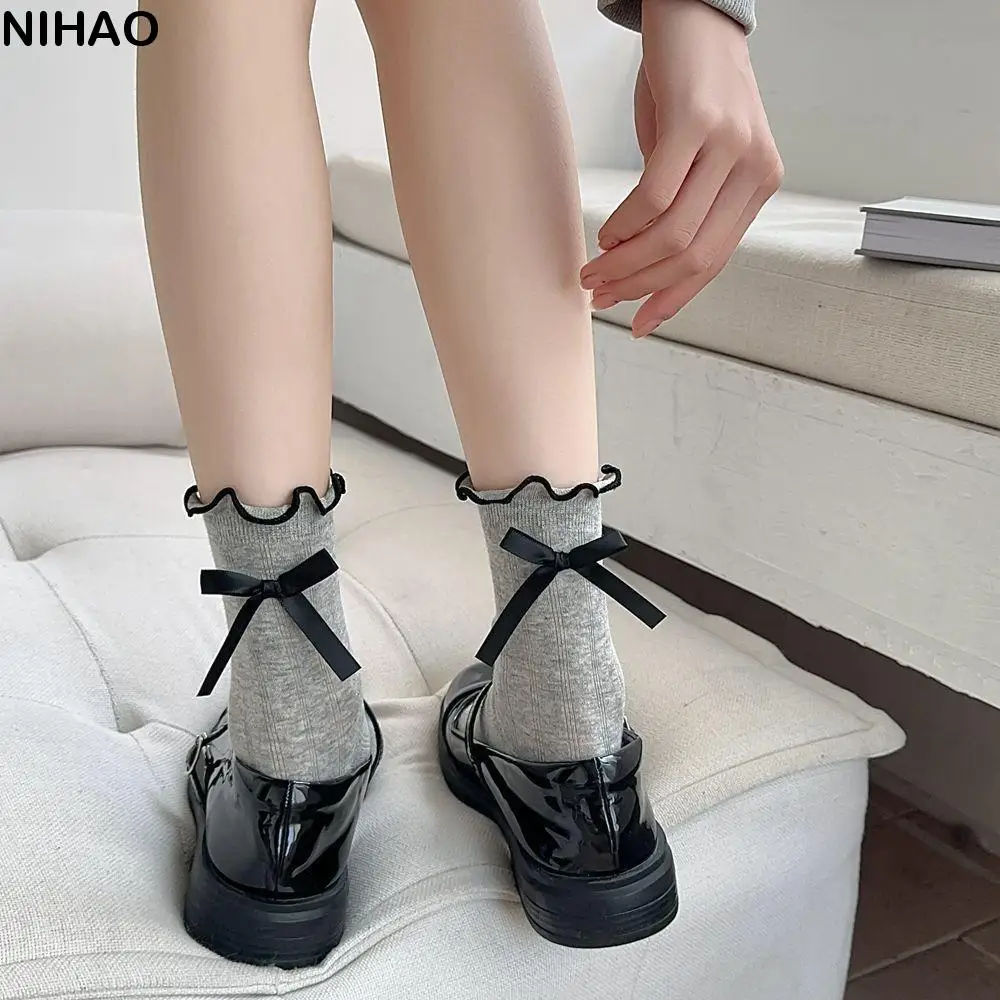 Fashion Ruffle Balletcore Bow Socks Japanese Style Ins Ribbon Bowknot Socks Sweet Breathable School