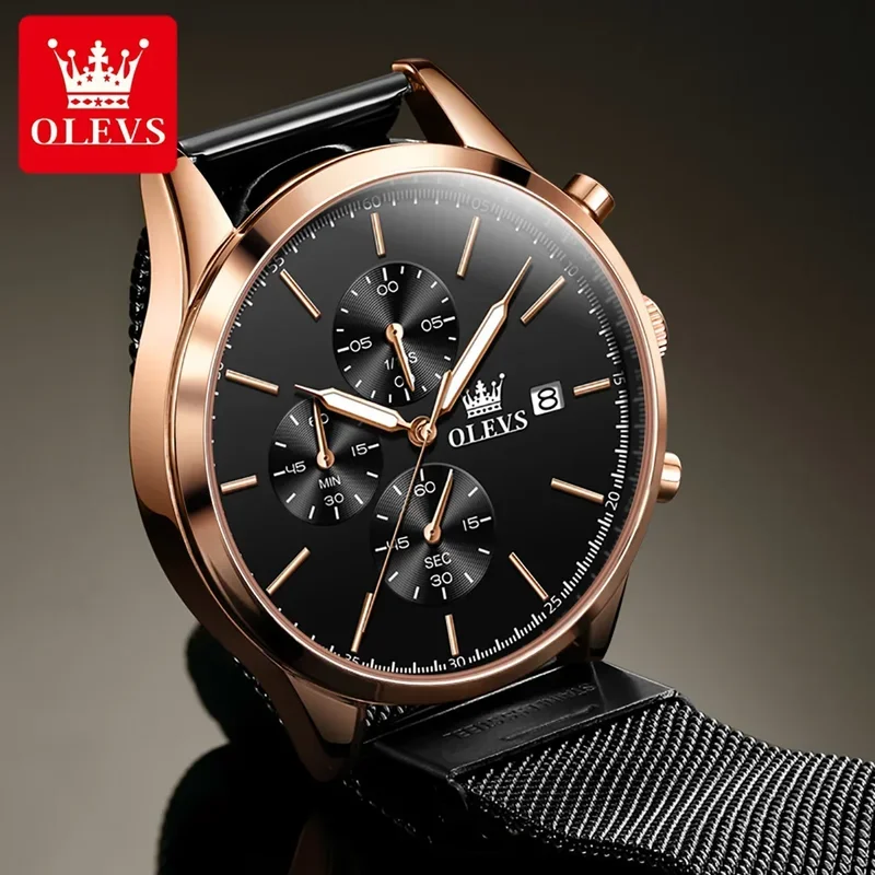 Olevs 2881 reloj para hombre, reloj de pulsera de cuarzo de acero inoxidable de lujo, correa de malla para hombre, cronógrafo luminoso resistente al agua, relojes para hombre c