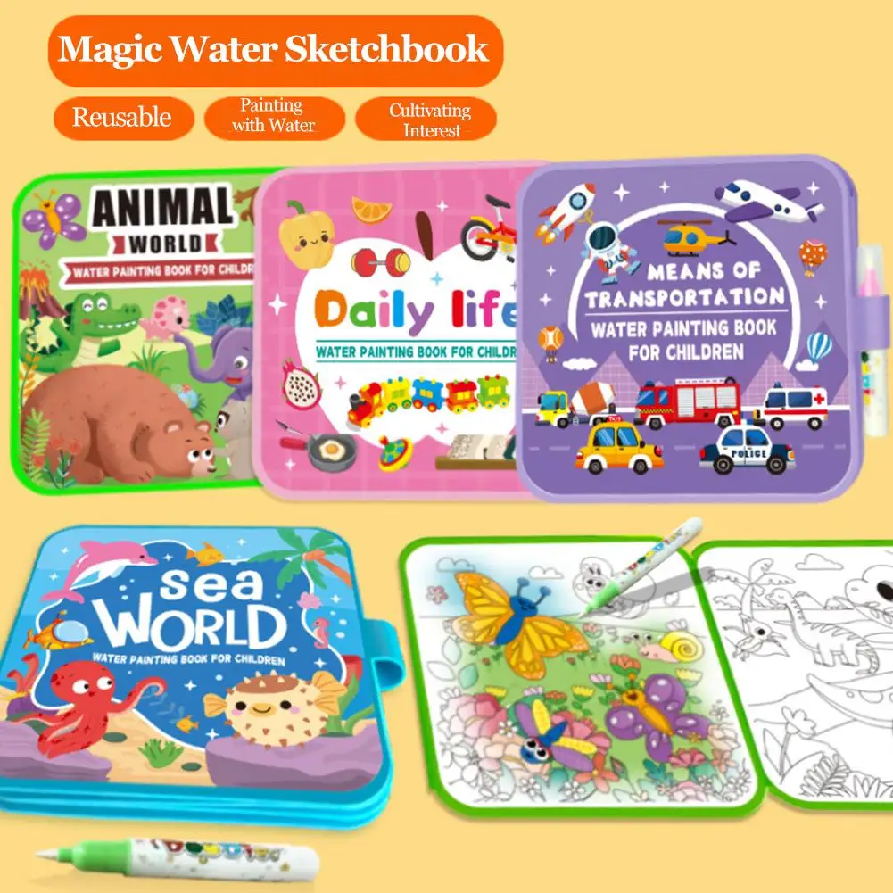 

Kids Magic Water Painting Book Reusable Water Graffiti Book Animal/Sea/Transport Theme Education Toy Water Pen Art Supplies