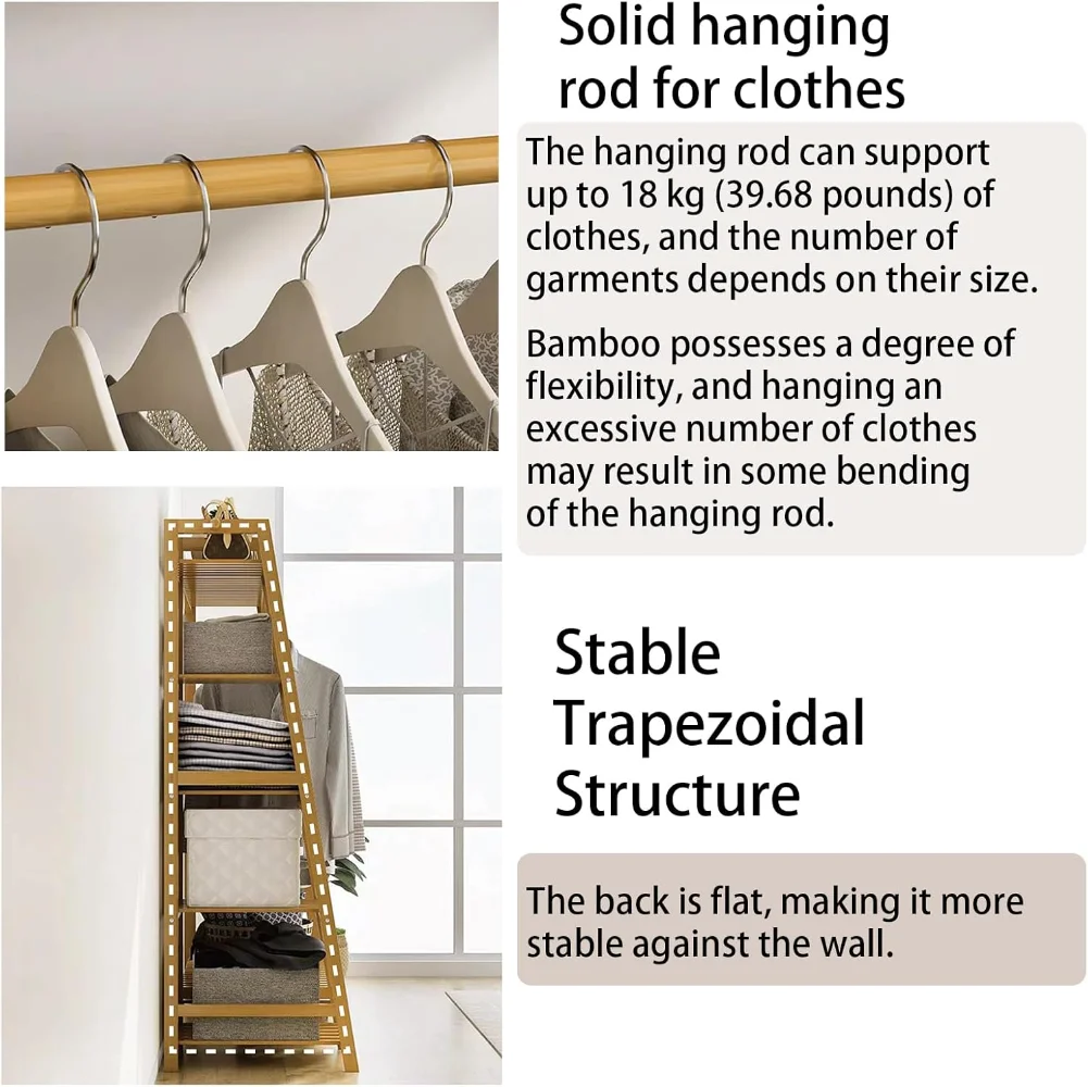 Bamboo Clothing Garment Rack 7 Tier Storage Shelf Coat Clothes Hanging Rack, Portable Wardrobe Closet Organizer With Top Shelf