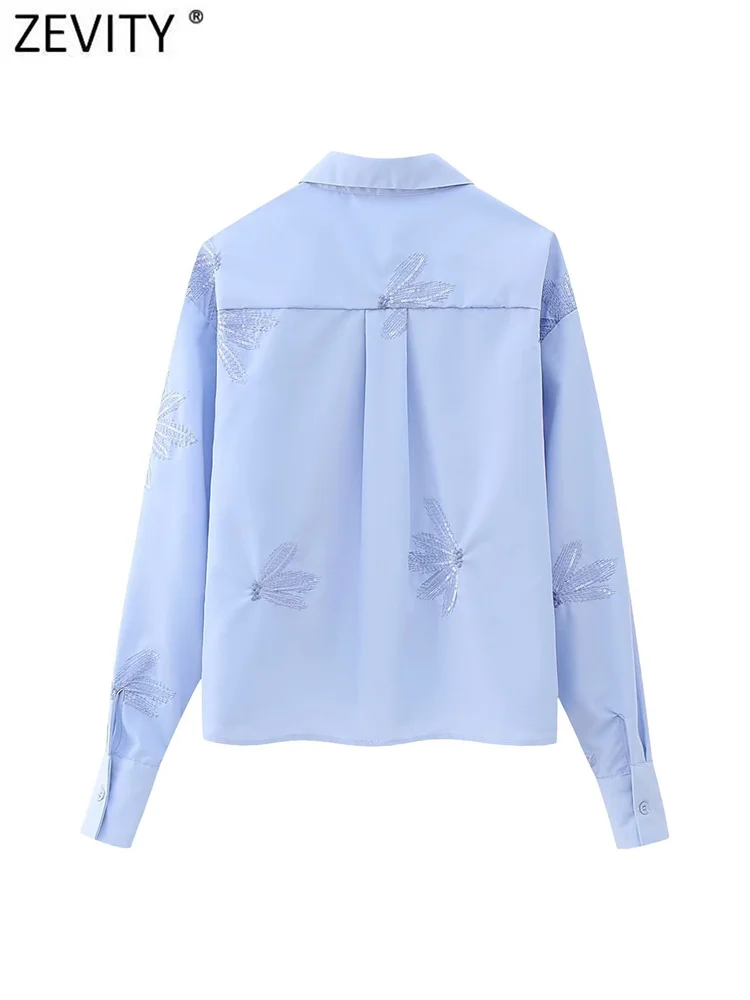 Zevity Women Fashion Sequined Flower Embroidery Short Smock Blouse Office Ladies Chic Long Sleeve Crop Shirt Blusas Tops LS4746