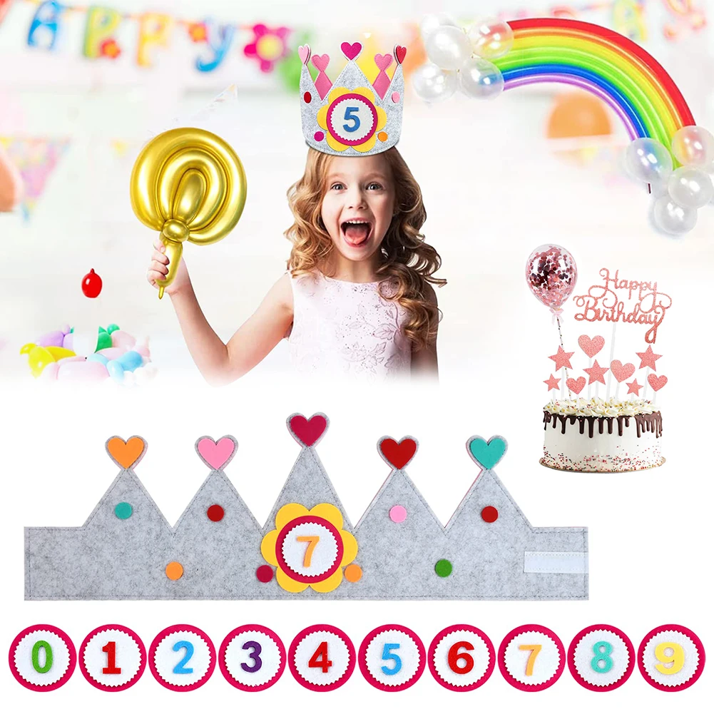 Coroa de Aniversário em Feltro, Presente para o Dia das Crianças, Coroa com Números Intercambiáveis, Tamanho Ajustável para Meninas e Meninos, Decoração para Festa de Aniversário