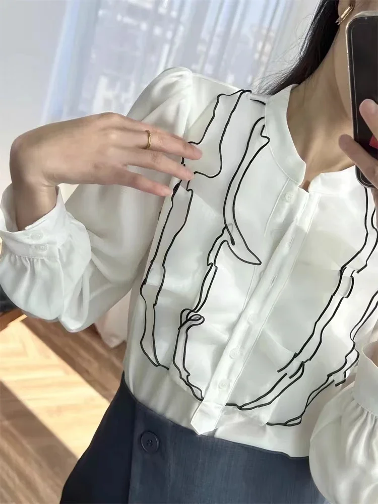 

Sweetly simple and versatile shirt top with ruffle edge contrasting color patchwork for women's 2024 spring/summer new style