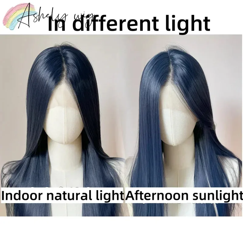 Peluca azul larga recta 13x4 pelucas de encaje sin pegamento azul oscuro para mujer pelucas frontales de encaje sintético de pelo de fibra Natural resistente al calor