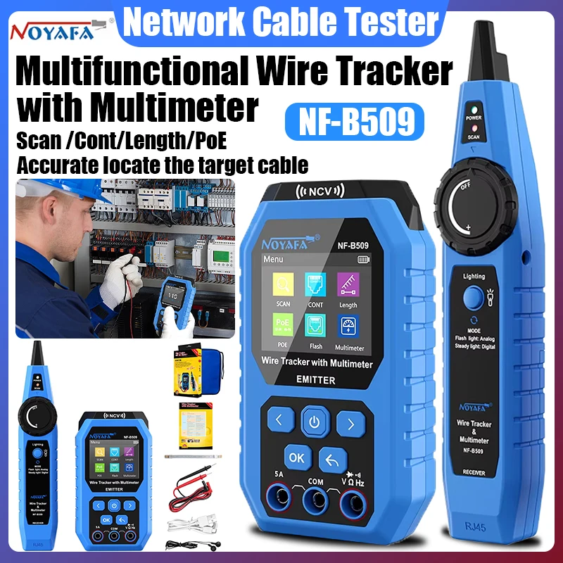 NOYAFA NF-B509 Network Cable Tester Multimeter Ethernet Cable Tester POE Tester Port Flashing NCV Anti-Burn AC DC Voltmete