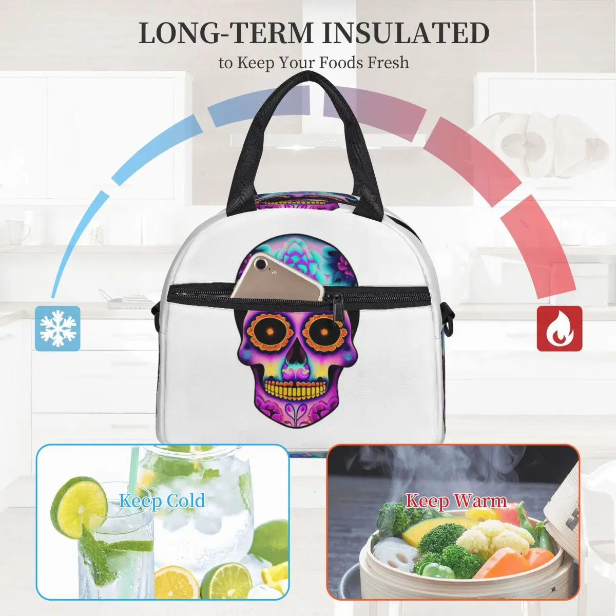 Day Of The Dead Sugar Skull tas makan siang terisolasi kotak Bento tas makan siang portabel tas piknik tas pendingin untuk perjalanan wanita