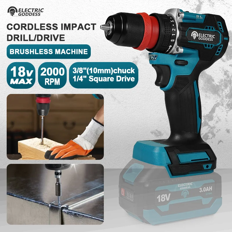 

EGOD 3/8'' Cordless Brushless Impact Drill 2000RPM Multifunctional Repair and Renovation Drill Power Tools for Makita Battery