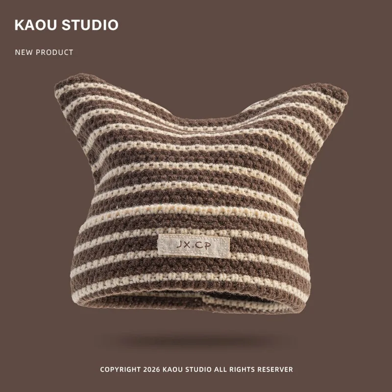 Japanische Dopamin-Mütze mit süßen Katzenohren, gestreift, gestrickt, mit Ohrenschutz und Wärmeisolierung, Y2k Skull Beanie für Männer und Frauen – Detail 5