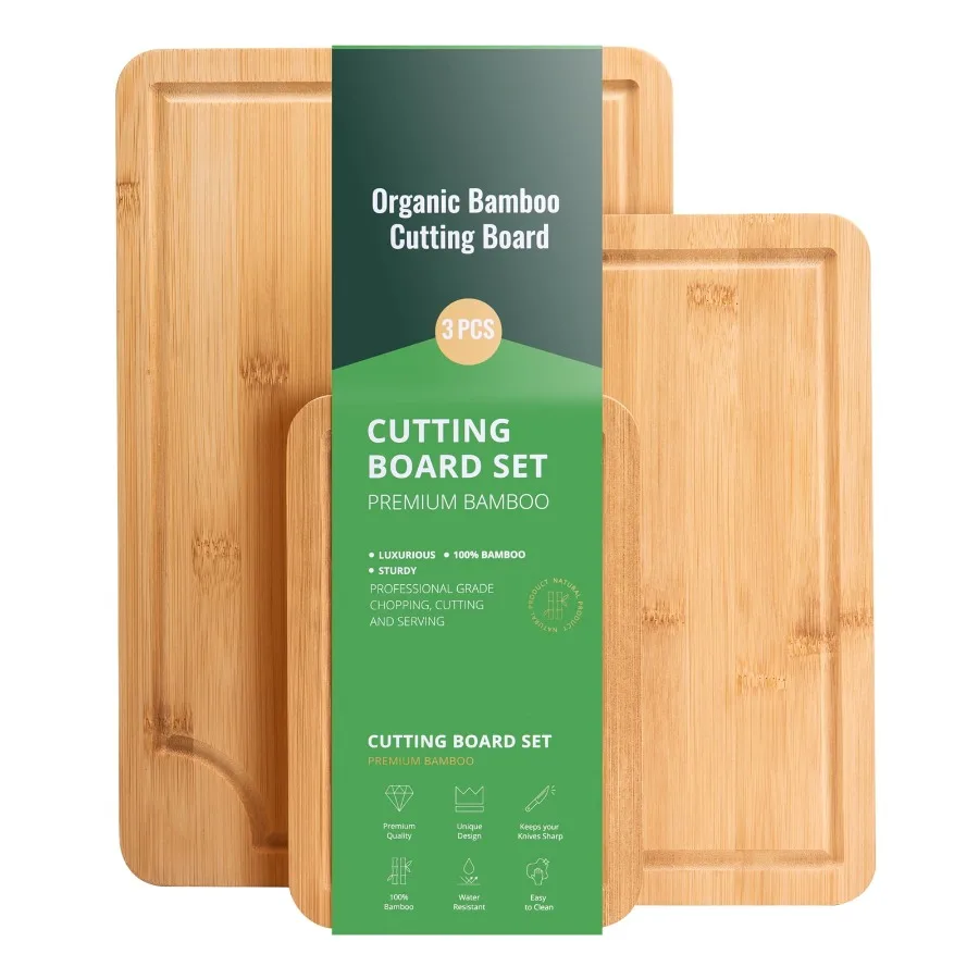 Chopping Surface Trio Set Superior Multi-Use Bamboo Board Treated with Edible Oil and Incorporated Juice Trench Robust and Long