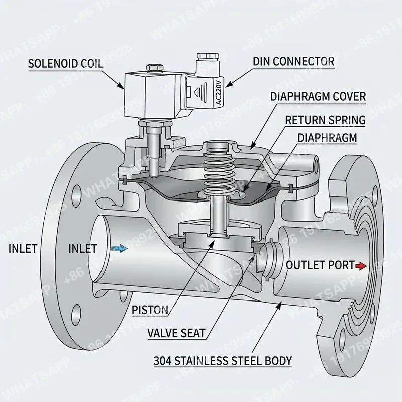 Large Caliber 2.5-3 Flange Stainless Steel Shutoff Solenoid Valve Normally Closed Pilot Diaphragm Water Valve