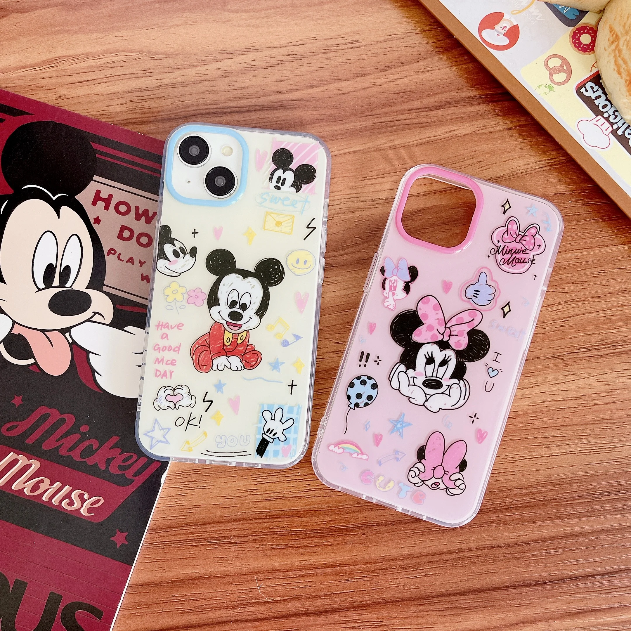 Cartoon Cute Line Mickey Minnie Phone Case for IPhone 16 15 14 13 12 Pro Max Anti-fall Back Cover Funda