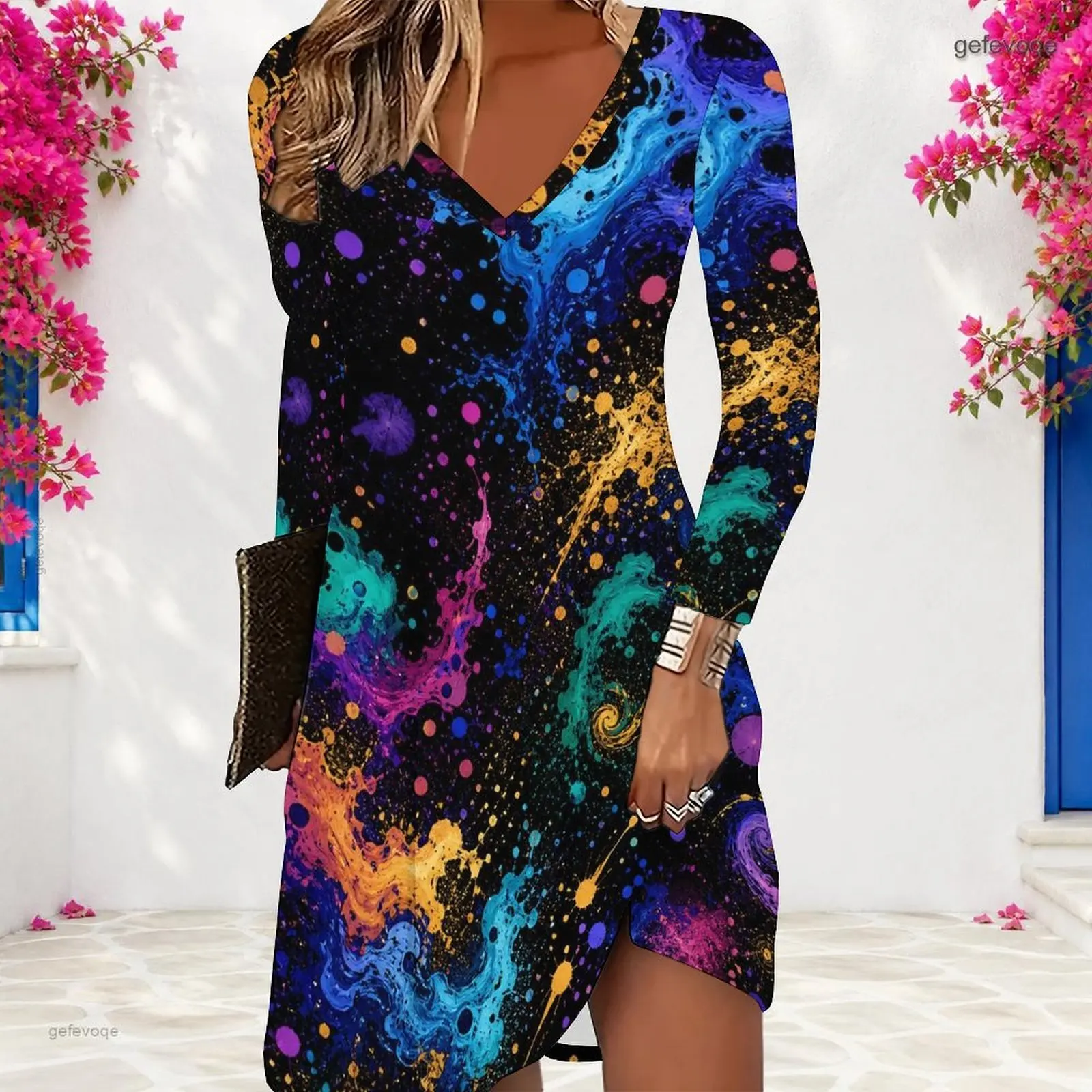 Women V Neck Long Sleeve Cosmic Swirl Paint Splash Print A Line Short Dress