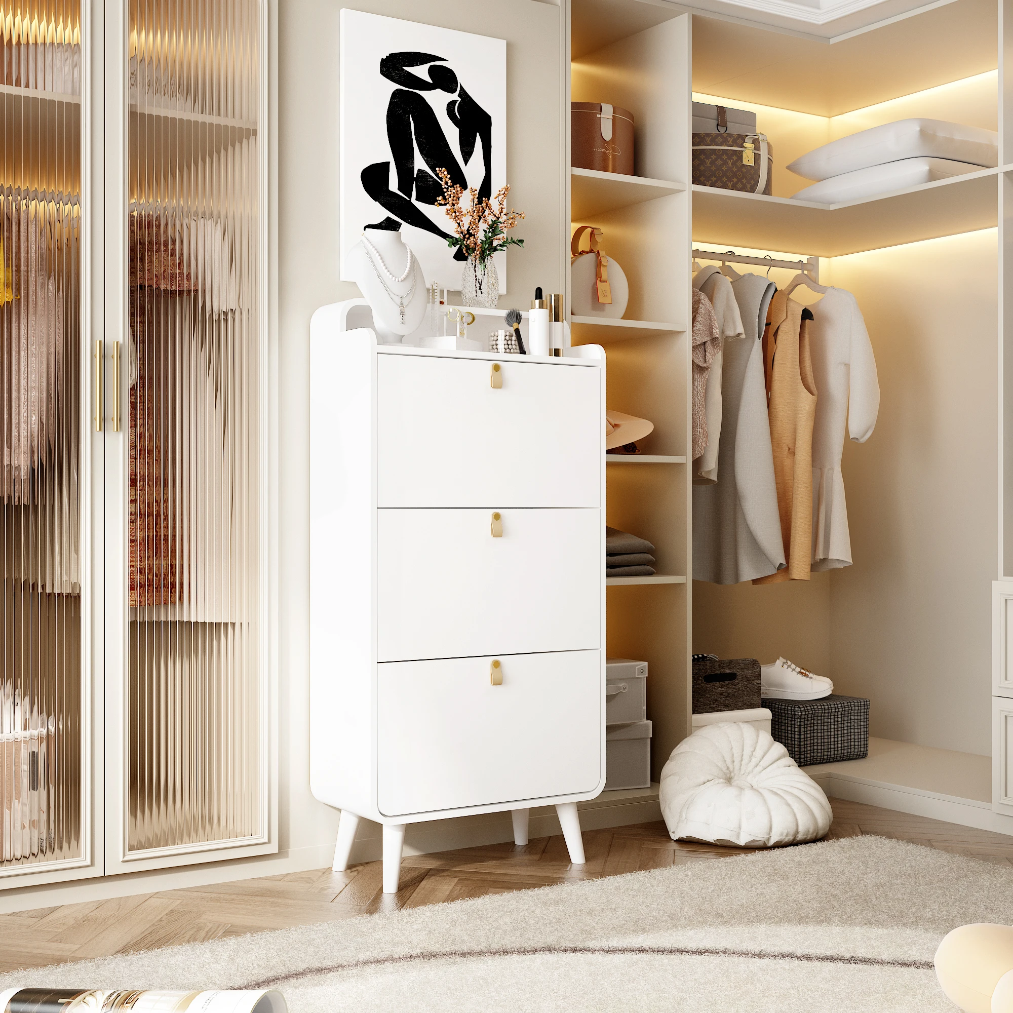 Shoe Storage Cabinet with 3 Flip Drawers, Freestanding Tipping Shoe Organizer, Entryway Narrow Shoe Rack Closet with Top Cubby,
