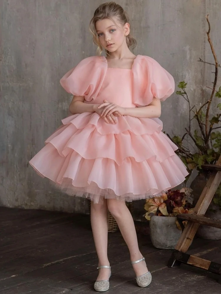 Pink Flower Girl Dresses Tulle Satin Tiered With Bow Short Sleeve Fit Wedding Party Birthday Banquet Princess Gowns