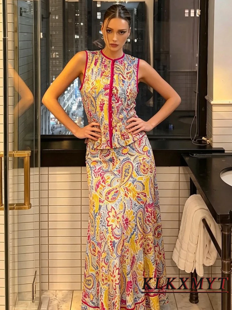 Women Fashion Flower Print Hollowed-Out Sets Sexy Sleeveless O-Neck Button Slim Top+Long Skirts Summer Vacation New 2 Pieces image 4
