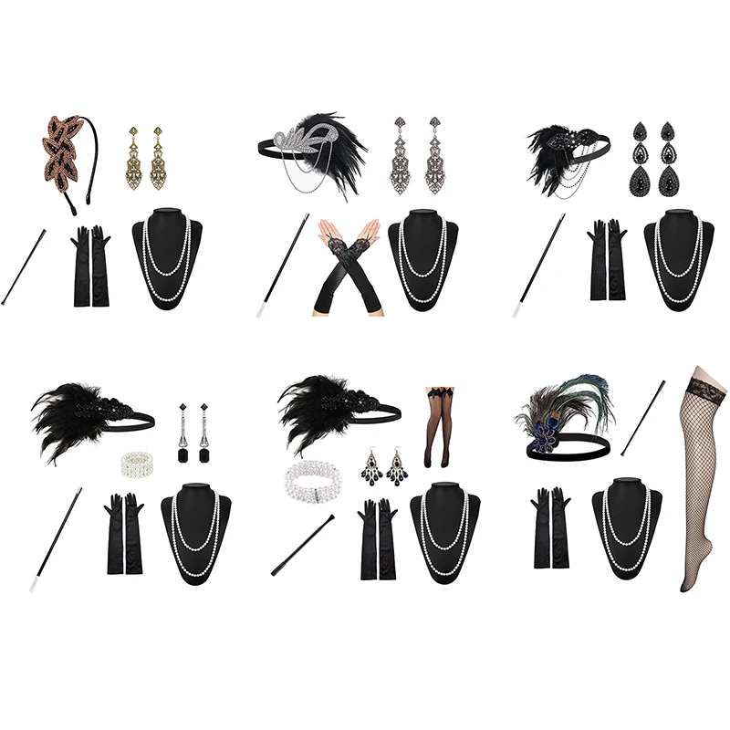 Disfraz de Flapper de 1920 para Cosplay, diadema de plumas, collar de perlas, pulsera, medias, Guante largo, accesorios para mascarada de Gatsby, 1 Juego