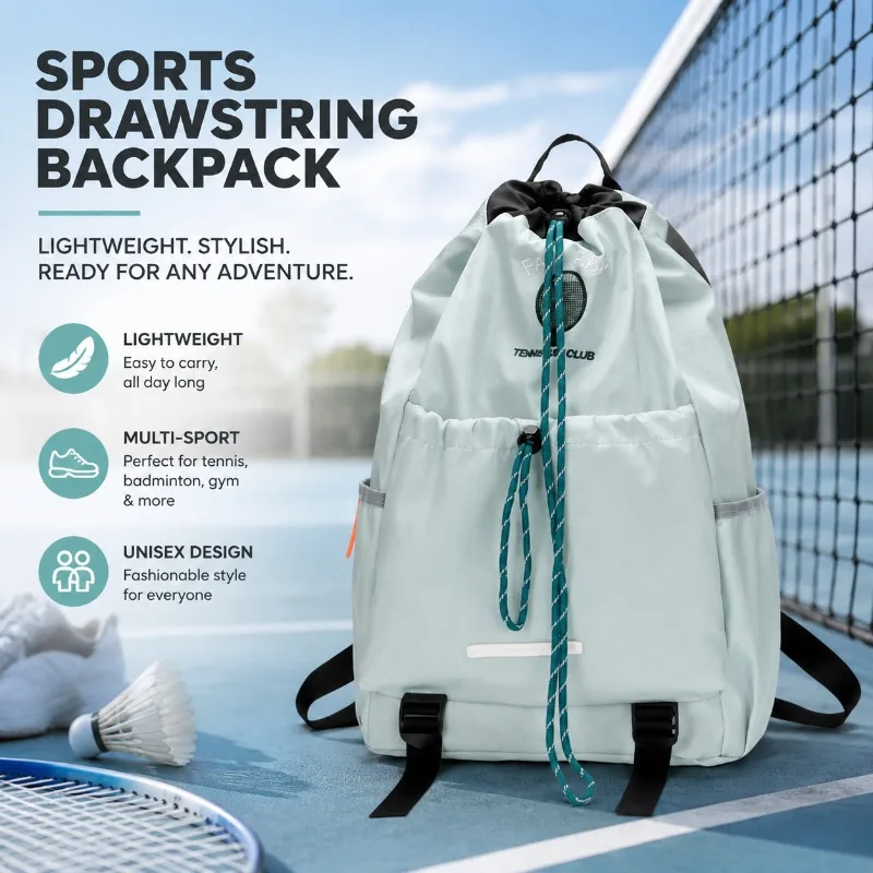 New Korean‑style Drawstring Backpack Outdoor Badminton Tennis Sports‑bag Fashion Large‑capacity Light‑weight Student Knapsack