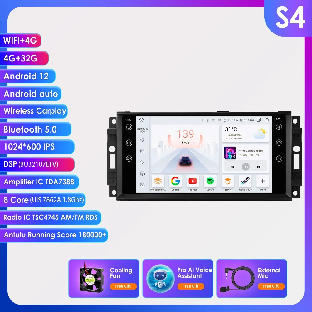 Hizpo 7 Zoll Android Autoradio für Jeep Cherokee 2009 2008 2010 Wrangler Dodge Challenger Chrysler GPS Stereo KEINE DVD 4G Carplay