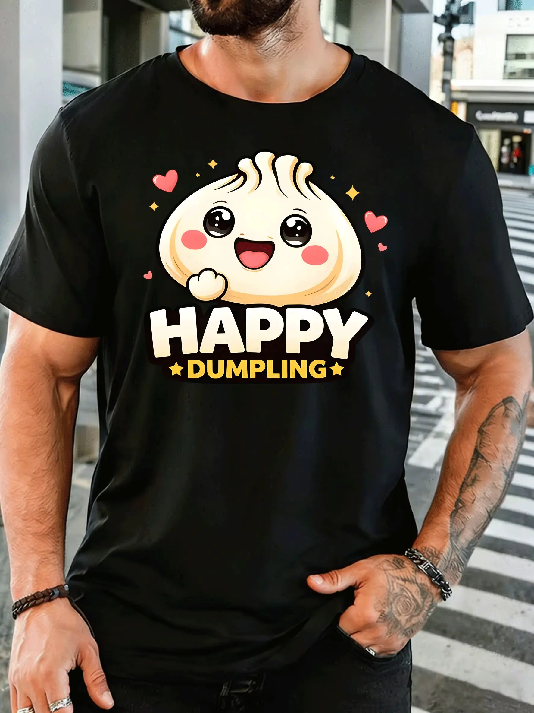 Cute Happy Dumpling Cartoon Mens Front Print T Shirt Lovely Food Graphic Tee Casual Short Sleeve Top Unique Foodie Gift