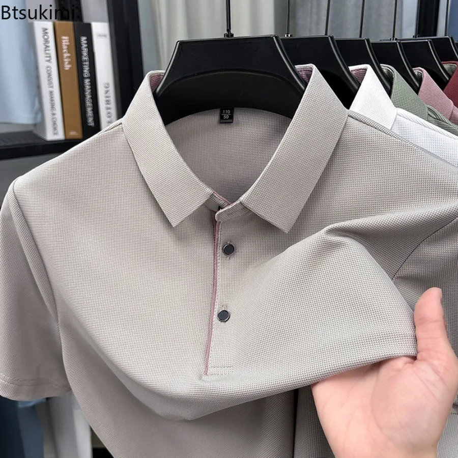 2026 Men's Solid Business Leisure Polo Shirt Summer Fashion Casual Ice Silk Short Sleeve Shirts Male Comfortable Breathable Tops
