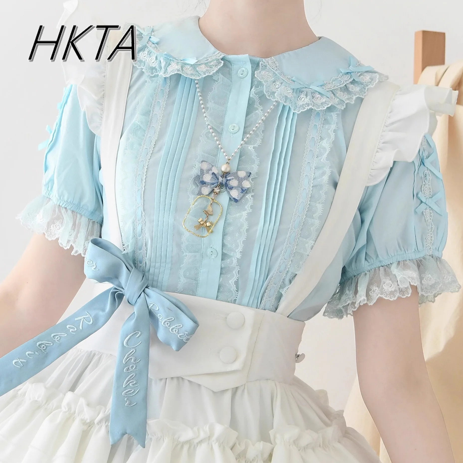 

Sweet and Cute Short Sleeved Doll Collar with Lolita Shirt Women Top Summer Lace Stitching Bow Fungus Whiteblouse Blusas Female