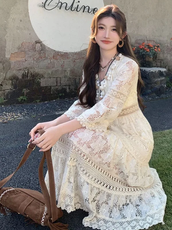 Retro chique renda emendada bege borla em camadas gancho flor oco vestidos para mulheres boêmio estilo férias bolo de fadas vestido longo