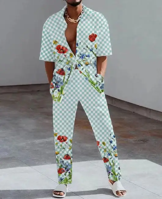 Traje de estilo personalizado con estampado de plantas para hombre, pantalones de manga corta informales, camisa de manga corta y pantalones de vacaciones, MB5-ML4