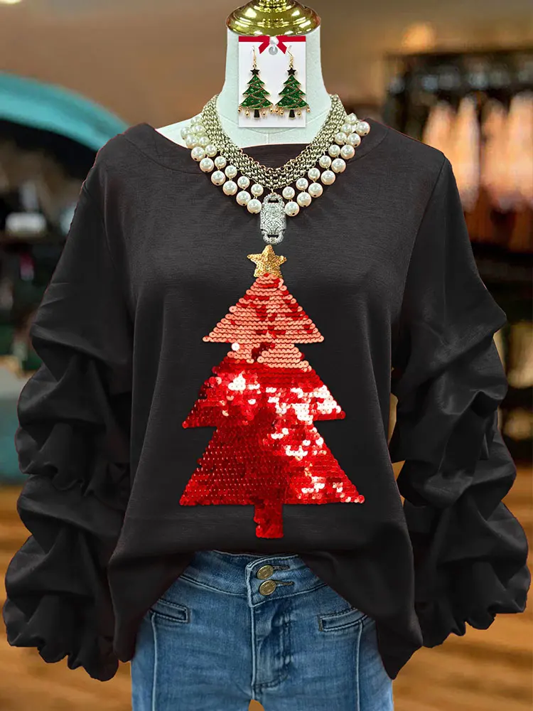 Classic Christmas Tree Sequined Pleated Sweatshirts