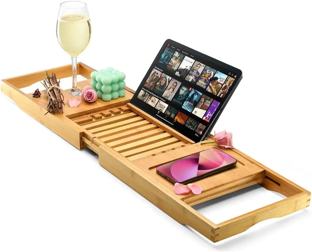 

Luxury Waterproof Foldable Wooden Bathtub Tray Caddy - Wine/Book/Soap/Phone Organizer, Expandable Fit for Most Tubs
