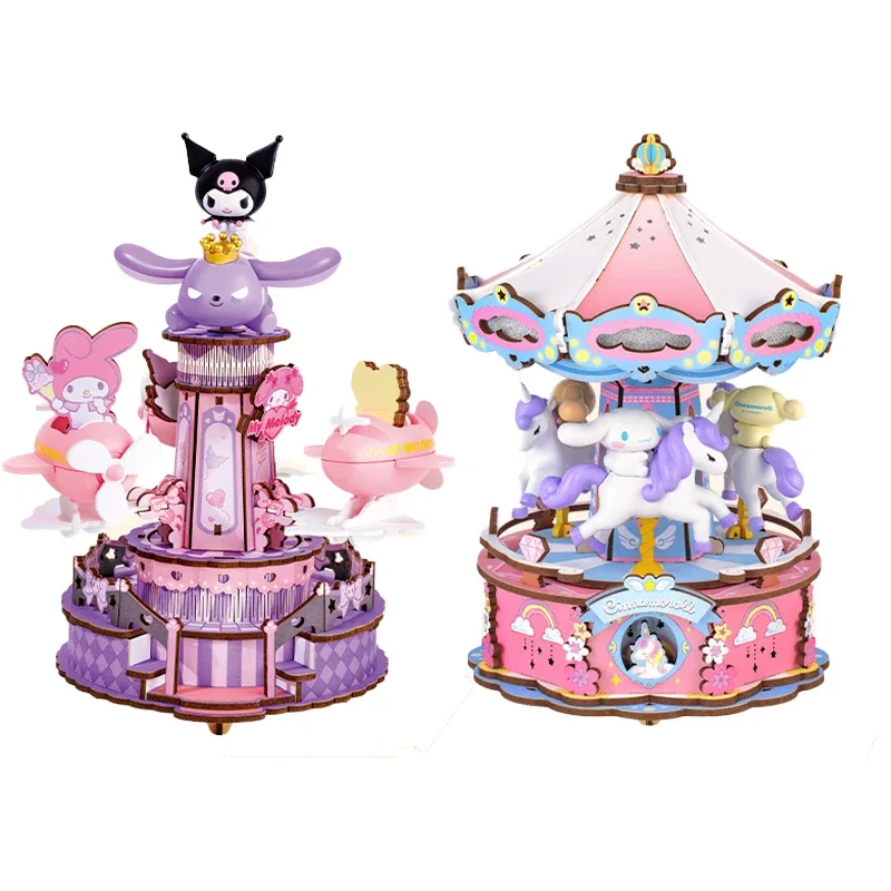 Anime Kawaii Sanrio Family Dream Amusement Park Music Box Diy Handmade Music Box Assembled Building Blocks Female Birthday Gift