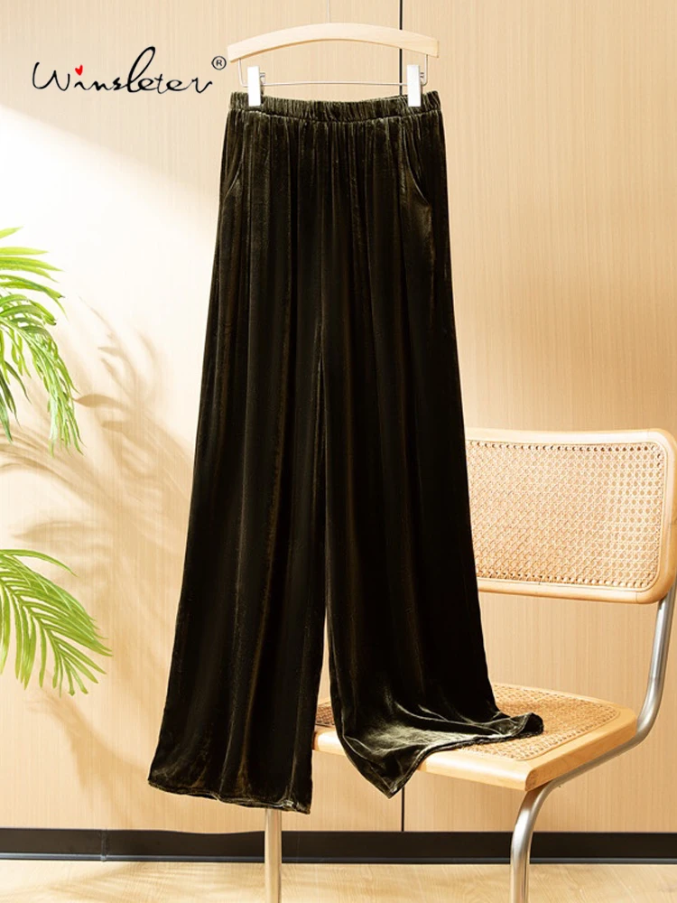 

Winsleter- Women 100%Real Silk Elegant Velvet Trousers, Elastic Waist Pocket, Retro Casual Straight Pants, Fall Winter B4N042CC