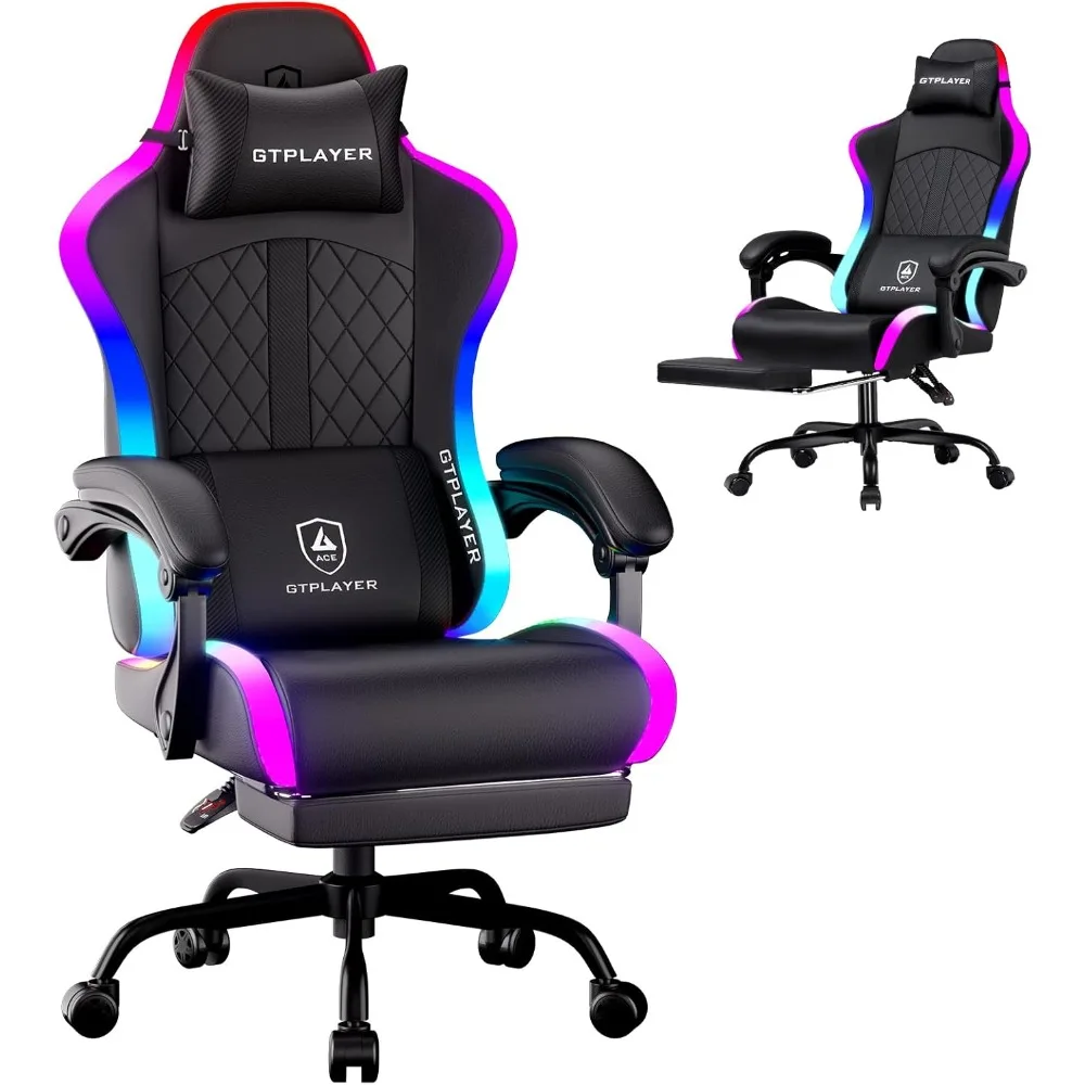 GTPLAYER RGB Gaming Chair, Computer Gamer Chair with Footrest and LED Lights, PC Gamer Chairs for Adults, High Back Reclining Of