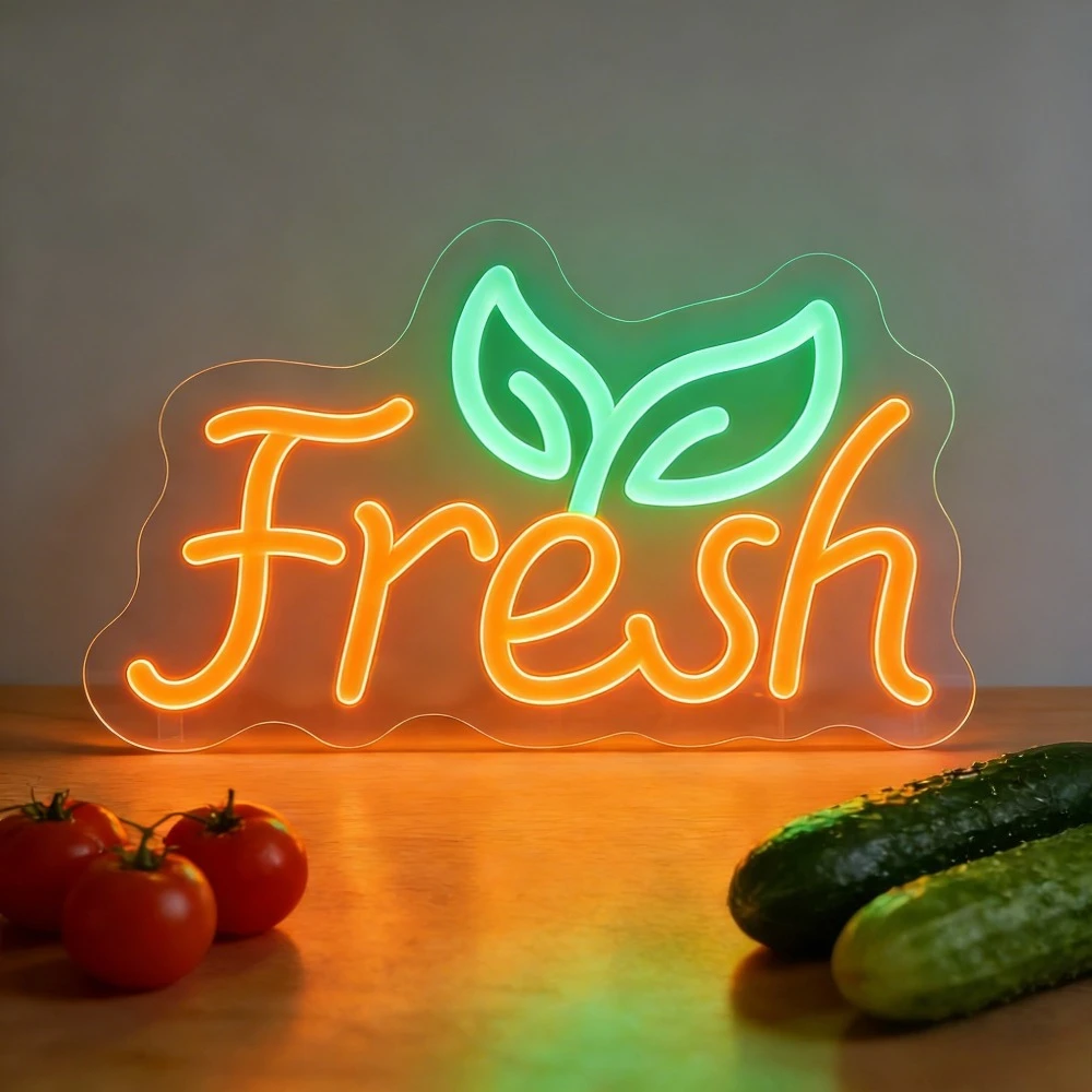 

Светодиодная неоновая вывеска с зелеными листьями и буквами для декора ресторана, кафе, кухни, фруктового магазина, в тематике здоровой еды, настенный светильник
