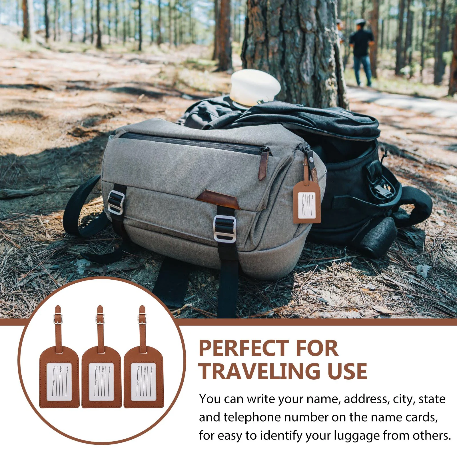 3 Pcs Brown Adjustable Strap Reusable Luggage Tags Travel Baggage Labels Suitcase Id Tag Pu Travel Accessories Luggage