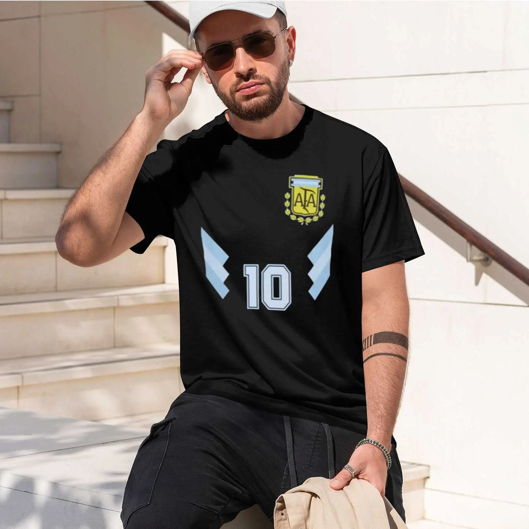 Camiseta de Manga Corta con Cuello Redondo para Hombre, Argentina 1990 Maradona 10, Camiseta Retro - Azul Marino, Transpirable, Vintage, Suave, Verano