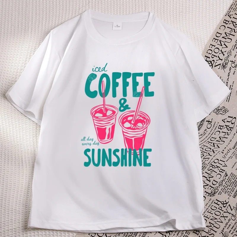 Iced Coffee and Sunshine T Shirt Women Men Coffee Lover Summer Graphic Tee Funny Cotton Short Sleeve Round Neck T-shirts