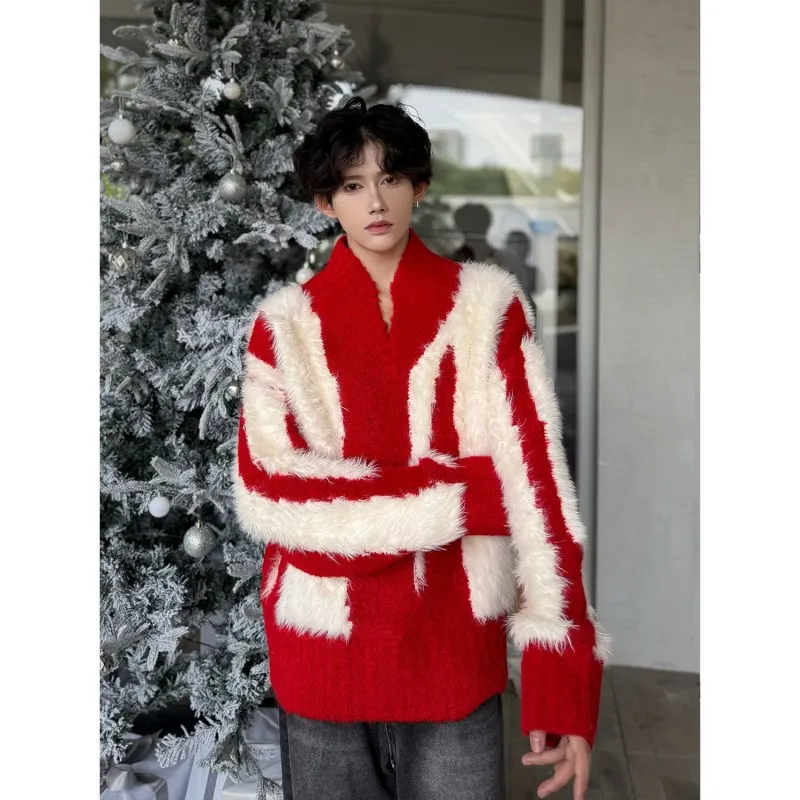 

Cisas Theme Winter Knitted Sweater Men's V-Ne Plaid Splicing Design Fluffy Texture Comfortable Fit Thiened Winterwear