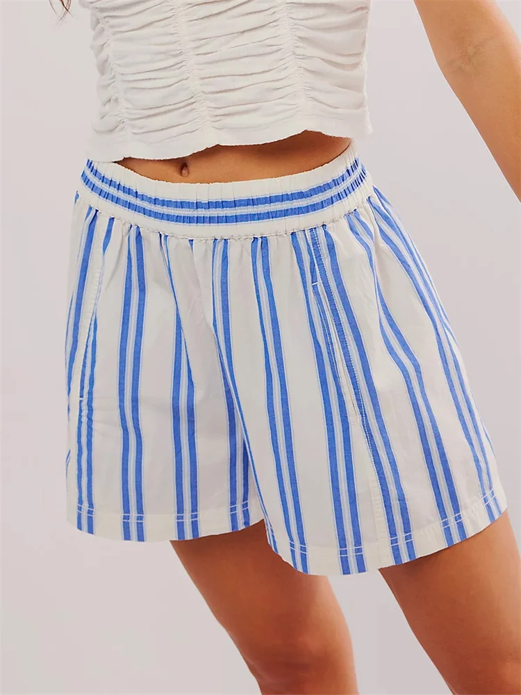 CHRONSTYLE Women Striped Print Shorts Elastic Waist Loose Casual Shorts with Pockets Summer Streetwear Going Out Short Pants New