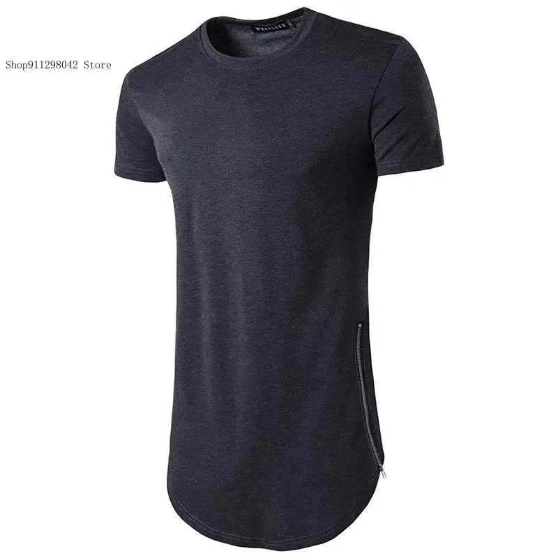 Summer Double Zipper Long Round Neck with Curved Hem Short Sleeved T-Shirt for Men