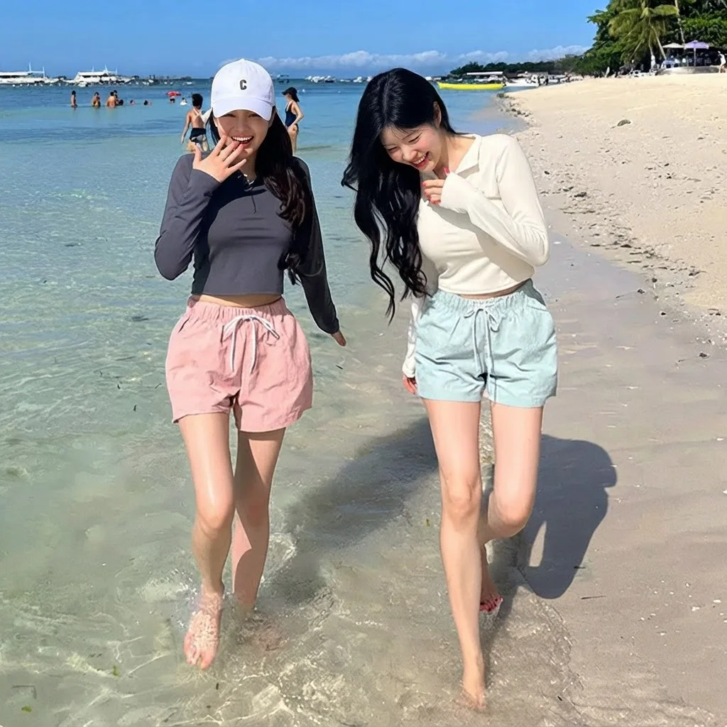 Koreanischer Stil Teenager Dreiteiliger Bikini mit Langarm-Überzug und Shorts Damen Badeanzug Strandurlaub Konservativer Badeanzug – Detail 2