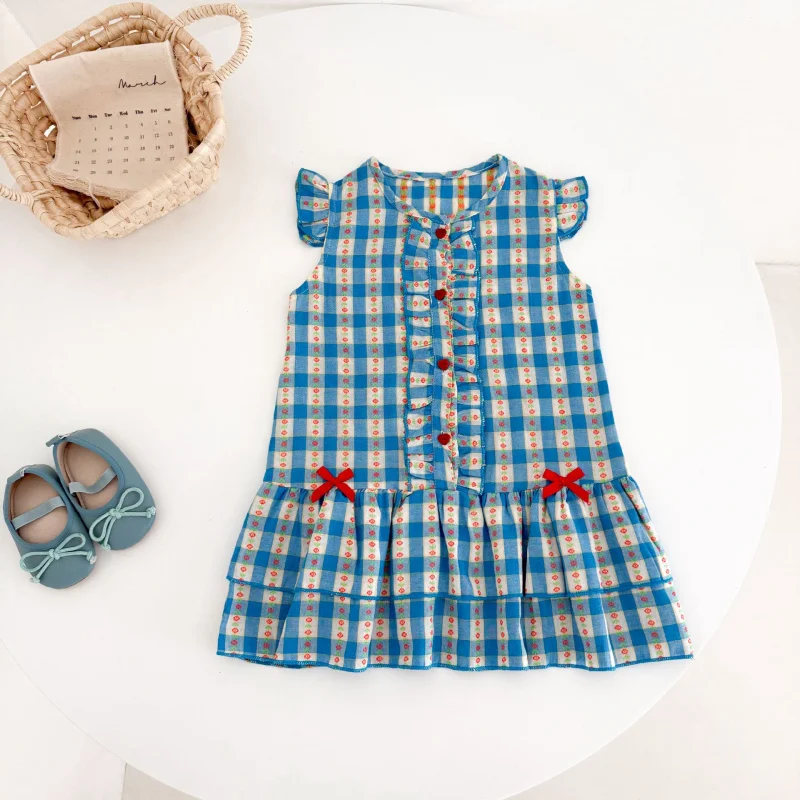 

New Summer Dress for Girls: Baby's Fresh and Fresh Plaid Color-Block Thin Dress with Small Flutter Sleeves