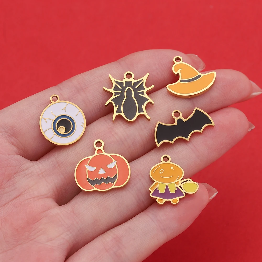 

1pcs Stainless Steel Cartoon Halloween Enamel Charms Pumpkin Skeleton Ghost Bat Cat Pendants for DIY Jewelry Making Accessories