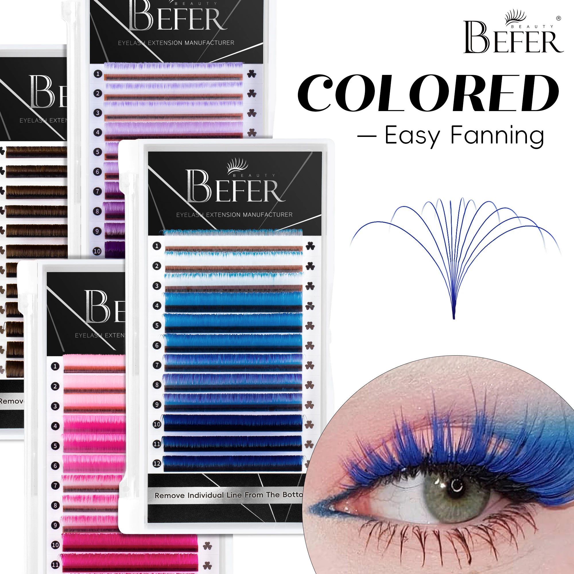 Befer Colored Easy Fan Cosplay Volume Eyelash Extensions Hight Quality PBT Soft Easy Fanning Bloom Eyelash Austomatic Flowering