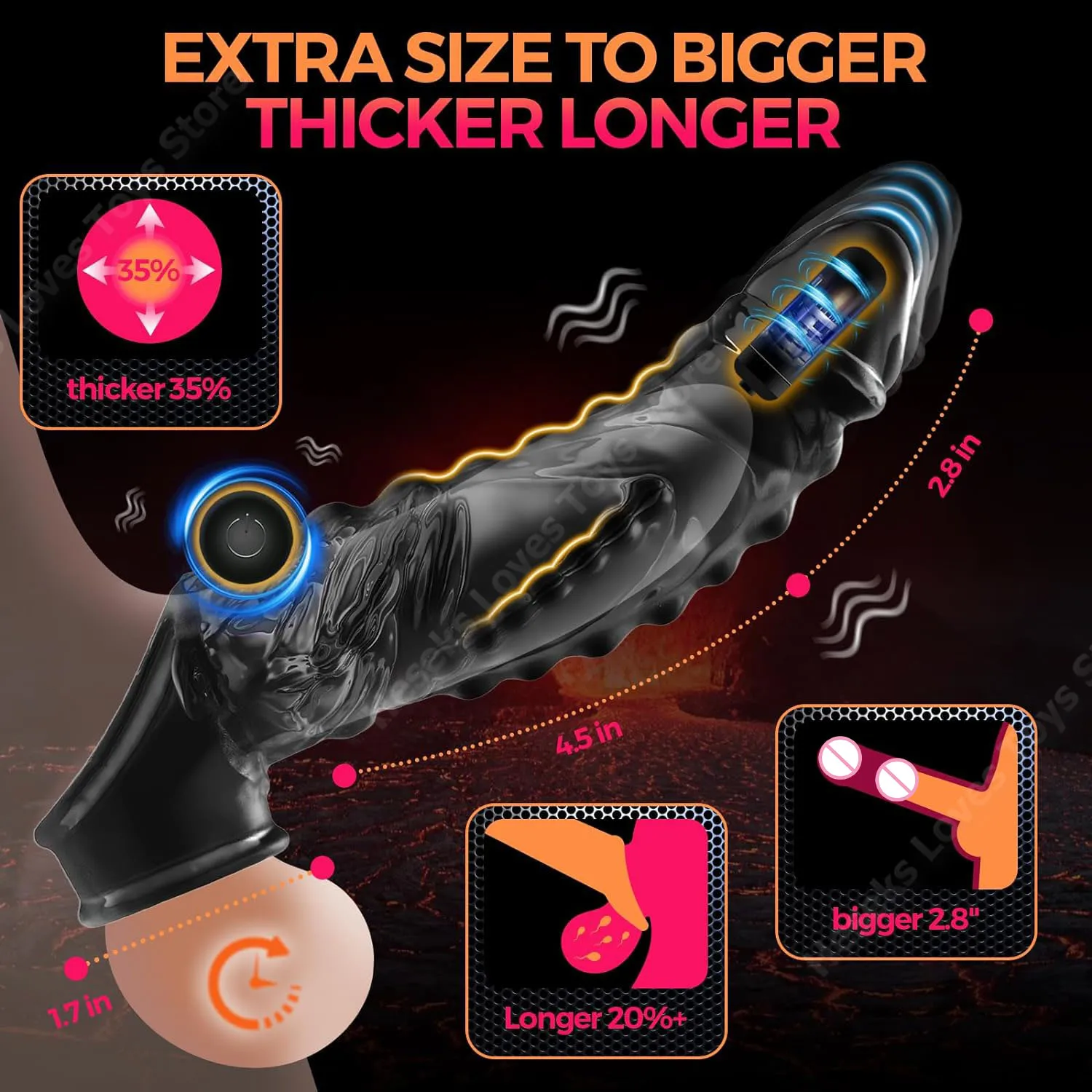 HESEKS 3 in 1 Black Clear Dragon Penis Extender Reusable Vibrating Penis Enlarger Dildos with Two Bullets Vibrators for Couple