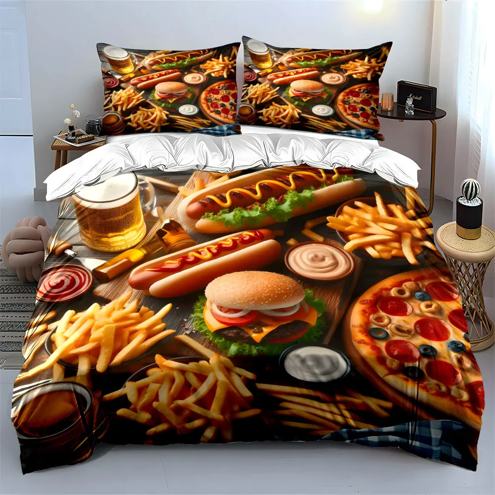 Vintage Fast Food Feast Bedding Set, Burger Pizza Hot Dog Beer Fries Food Print Duvet Cover Set,3PC For Food Lovers Teen Boys