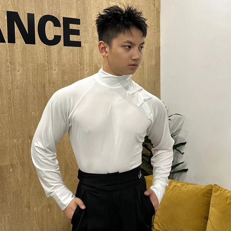 Men Latin Dance Clothes Long Sleeves White Black Tops National Standard Dance Performance Wear Rumba Ballroom Dance Tops NV21951